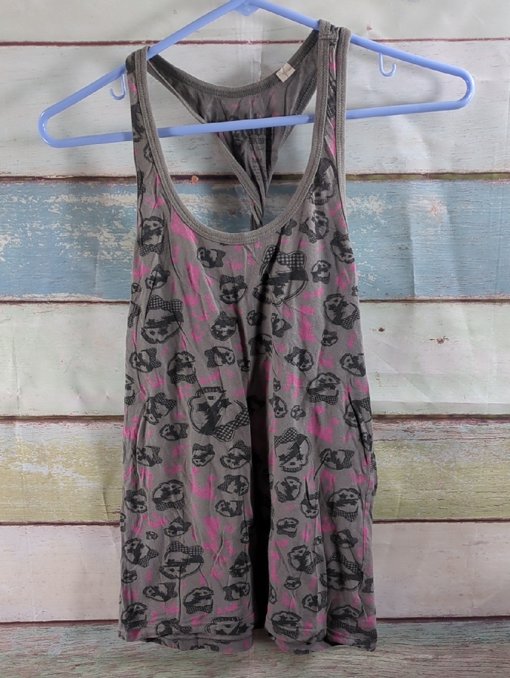 Abbey Dawn Skull Print Racerback Tank Top in Gray and Pink - Picture 1 of 4